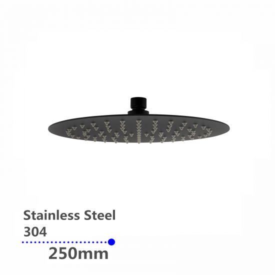 Super-slim Round Rainfall Shower Head Black 250mm