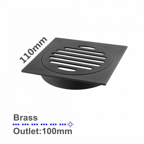 Square Brass Floor Waste (100mm Outlet) Black 110x110mm