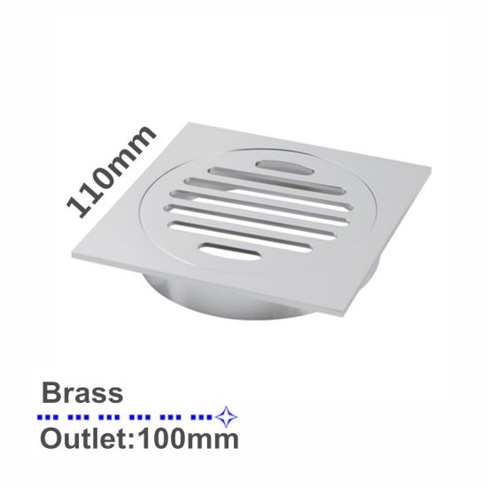 Square Brass Floor Waste (100mm Outlet) Chrome 110x110mm