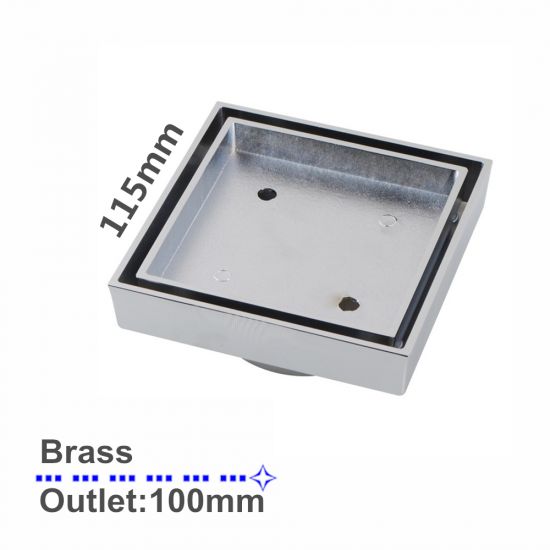 Brass Tile Inset Floor Drain (100mm Outlet) Chrome 115x115mm