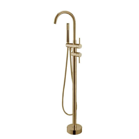 Round Freestanding Bath Mixer With Handheld Shower Brushed Brass