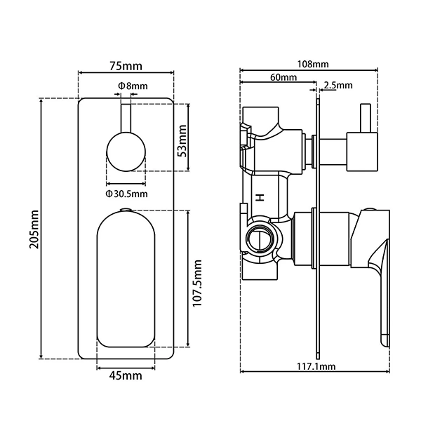 VOG Series Bath/Shower Wall Mixer with Diverter (color up) Gun Metal Grey