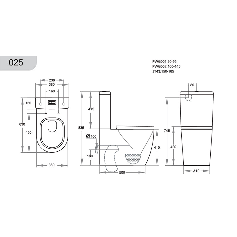 Back/Left and Right Bottom Intet 4.5/3/3 Liters Dual Flush Toilet 630x380x835mm