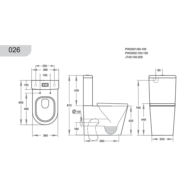 Back/Left and Right Bottom Intet 4.5/3/3 Liters Dual Flush Toilet 655x360x865mm