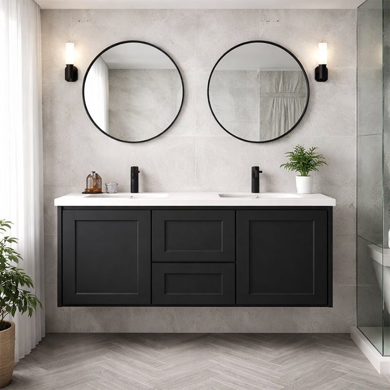 Vintage (Hung) Series Double Bowls Matt Black Overall 1200mm Vanity Set With Stone Top & Ceramic Undermount Basin Suits Double Bowl
