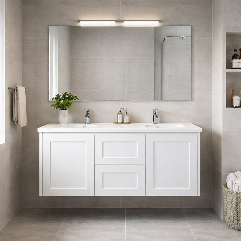 Vintage (Hung) Series Double Bowls Matt White Overall 1200mm Vanity Set With Stone Top & Ceramic Undermount Basin Suits Double Bowl