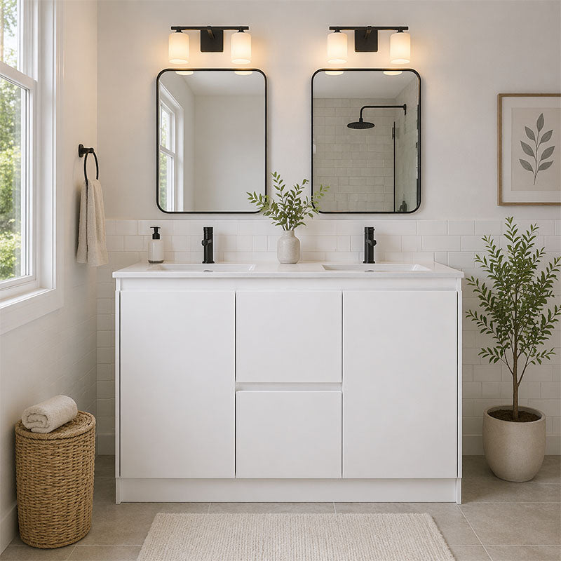 Moddoo Series Double Bowls Gloss White Overall 1180x455x855mm Vanity Set With Stone Top & Ceramic Undermount Basin