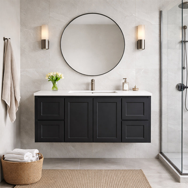 Vintage (Hung) Series Single Bowl Matt Black Overall 1200mm Vanity Set With Flat Stone Bench Top
