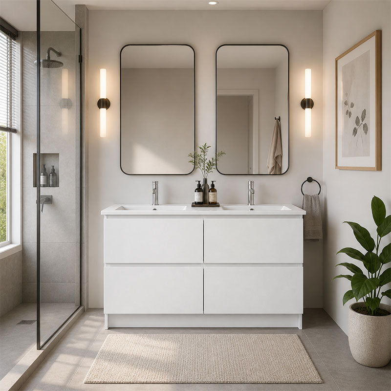 Moddra Series Double Bowls Gloss White Overall 1180x450x855mm Vanity Set With Stone Top & Ceramic Undermount Basin