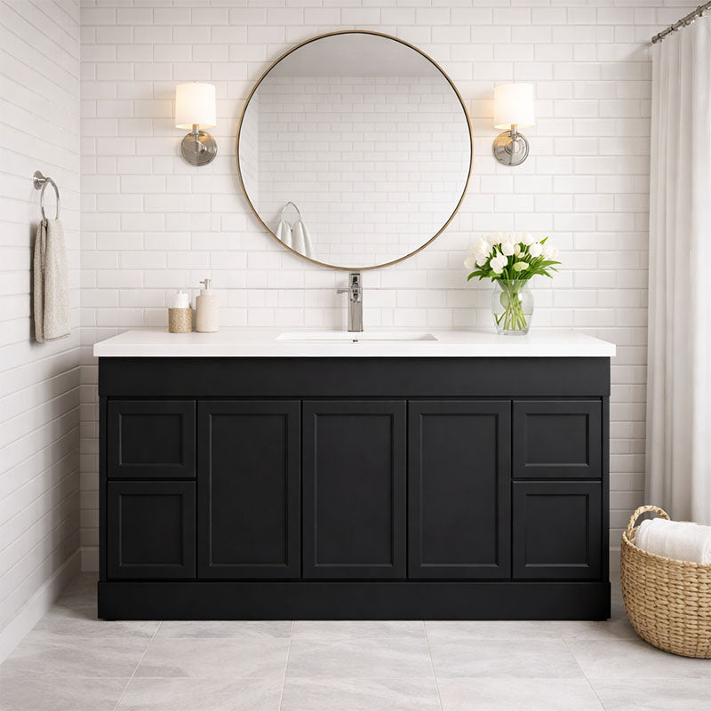 Vintage Series Matt Black Overall 1480x455x855mm Vanity with Stone Top & Ceramic Undermount Basin