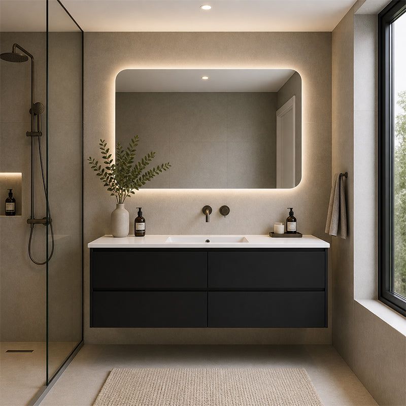 Moddra(Hung) Series Double Bowls Matt Black Overall 1480x455x540mm Vanity Set With Flat Stone Bench Top