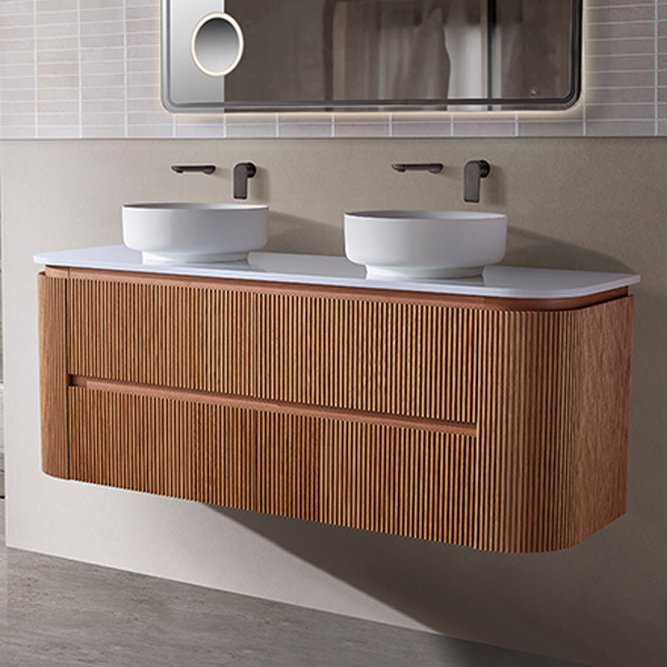 Bristol Series Wall Hung Double Bowl Rosewood 1480x455x540mm Vanity with Stone Top & Ceramic Undermount Basin