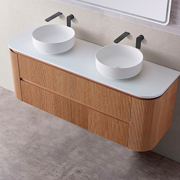 Bristol Series Wall Hung Double Bowl Rosewood 1480x455x540mm Vanity with Stone Top & Ceramic Undermount Basin