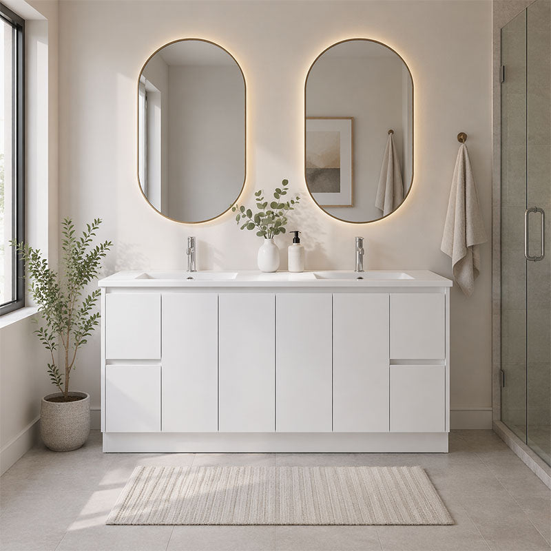 Moddoo Series Double Bowls Gloss White Overall 1776x455x855mm Vanity Set With Stone Top & Ceramic Undermount Basin