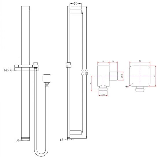 Square Wide Sliding Shower Rail without Handheld Shower (PVC Hose) Gun Metal Grey