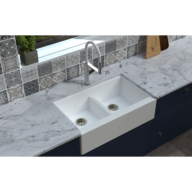 Granite Butler Sink Double Bowls Farmhouse Kitchen Laundry Sink Apron Front White 865x540x229mm
