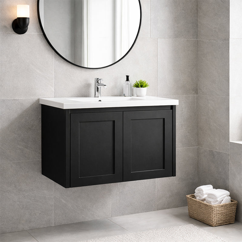 Vintage (Hung) Series Single Bowl Matt Black Overall 600mm Vanity Set With Stone Top & Ceramic Undermount Basin