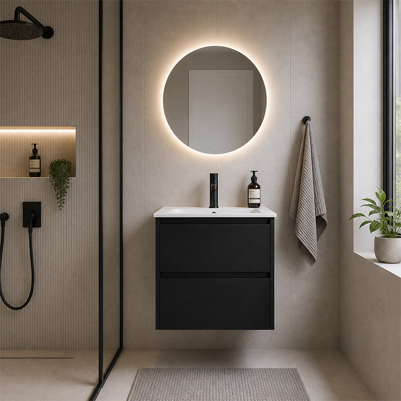 Moddra(Hung) Series Matt Black Overall 580x455x540mm Vanity Set With Ceramic Slimline Top (UV31)