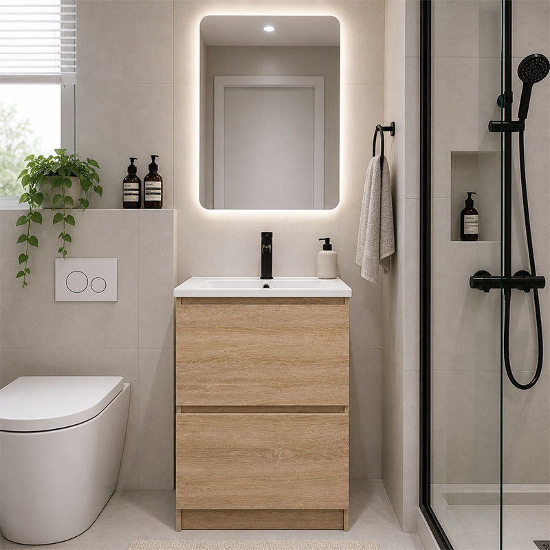 Moddra Series Natural Timber Overall 580x450x855mm Vanity Set With Ceramic Slimline Top (UV31)