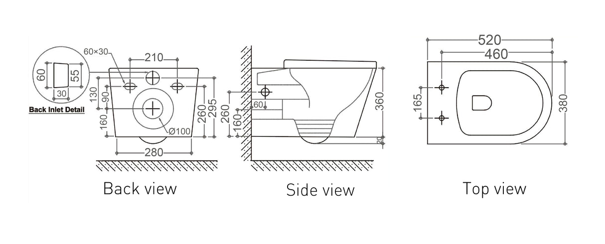 CHLOE Rimless In Wall Cistern Toilet Suite Wall Hung Pan R&T Cistern Chrome Square Button