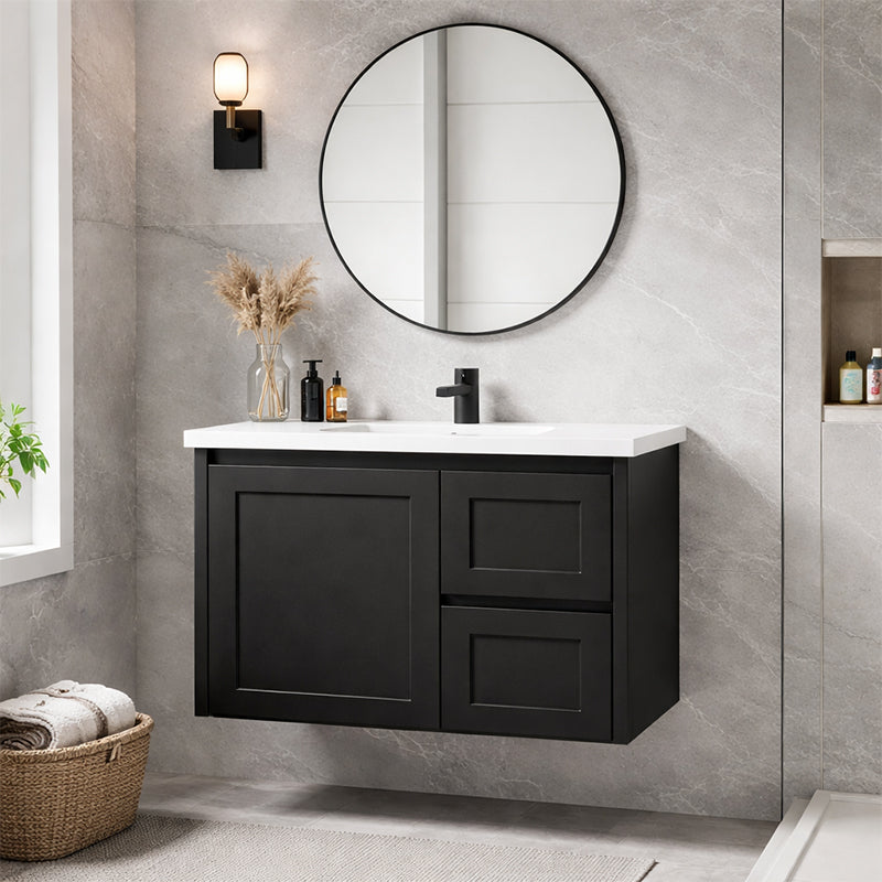 Vintage (Hung) Series Right Hand Drawer Matt Black Overall 750mm Vanity Set With Flat Stone Bench Top