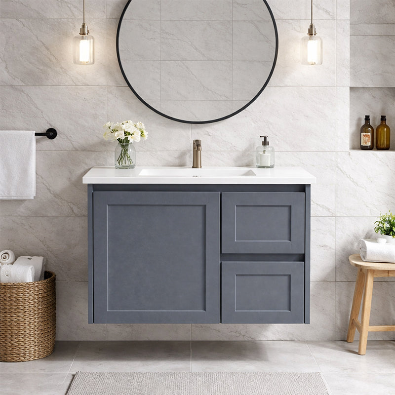 Vintage (Hung) Series Right Hand Drawer Matt Grey Overall 750mm Vanity Set With Flat Stone Bench Top