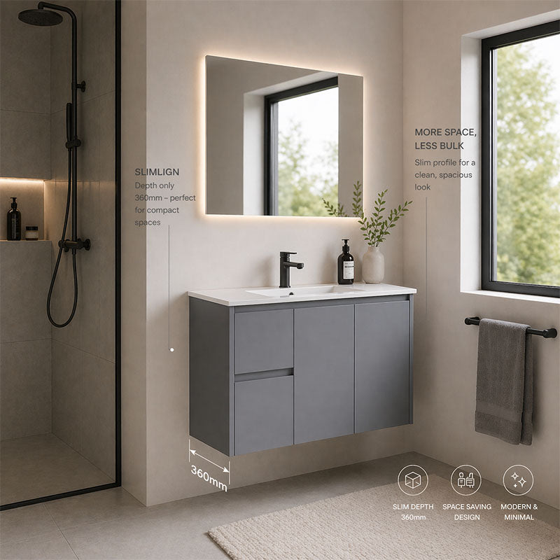 Sierra(Hung) Series Wall Hung Left Hand Drawer Matt Grey Overall 880X355X520mm CABINET ONLY