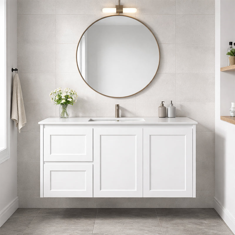 Vintage (Hung) Series Single Bowl Left Hand Drawer Matt White Overall 900mm Vanity Set With Flat Stone Bench Top