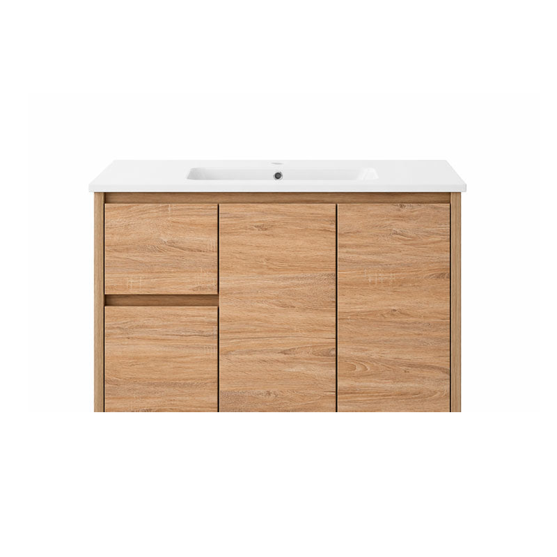Sierra Series Wall Hung Left Hand Drawer Natural Timber 880x355x520mm Vanity with Ceramic Slimline Top (UV32)