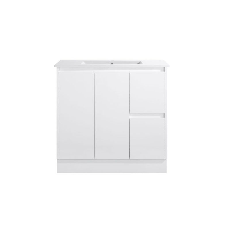 Sierra Series Right Hand Drawer Freestanding Gloss White Overall 880x355x855mm Vanity with Ceramic Slimline Top (UV32)
