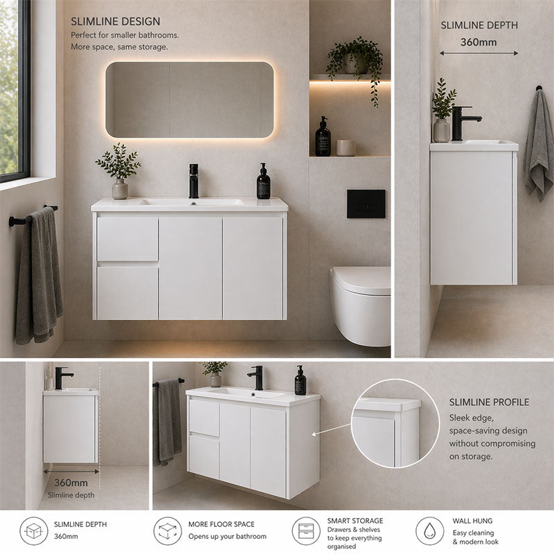 Sierra Series Wall Hung Left Hand Drawer Gloss White 880x355x520mm CABINET ONLY