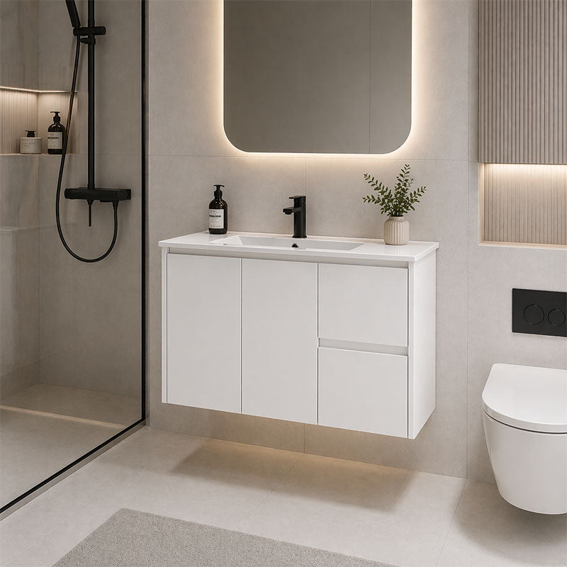 Sierra Series Wall Hung Right Hand Drawer Matt White 880x355x520mm Vanity with Ceramic Slimline Top (UV32)