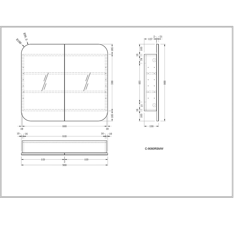 Carysil Grand Shaving Cabinet Matte White 900x800mm