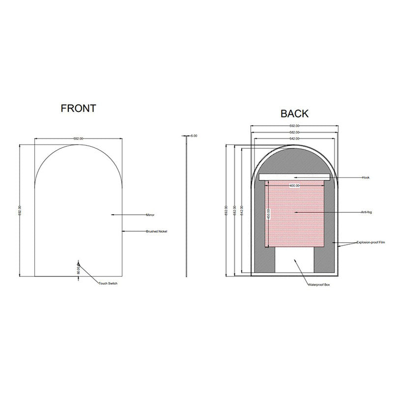 Arched Shape Frame-less Back-Lit Carysil LED Mirror 600x900mm