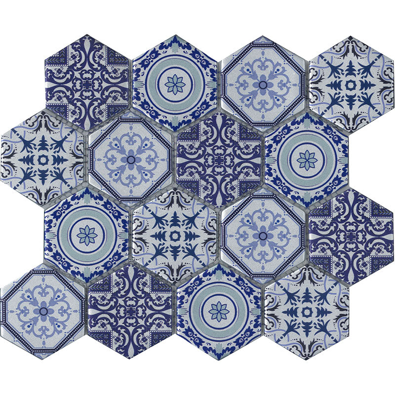 ARABIA BLUE PATTERNED HEXAGON SATIN 73X73