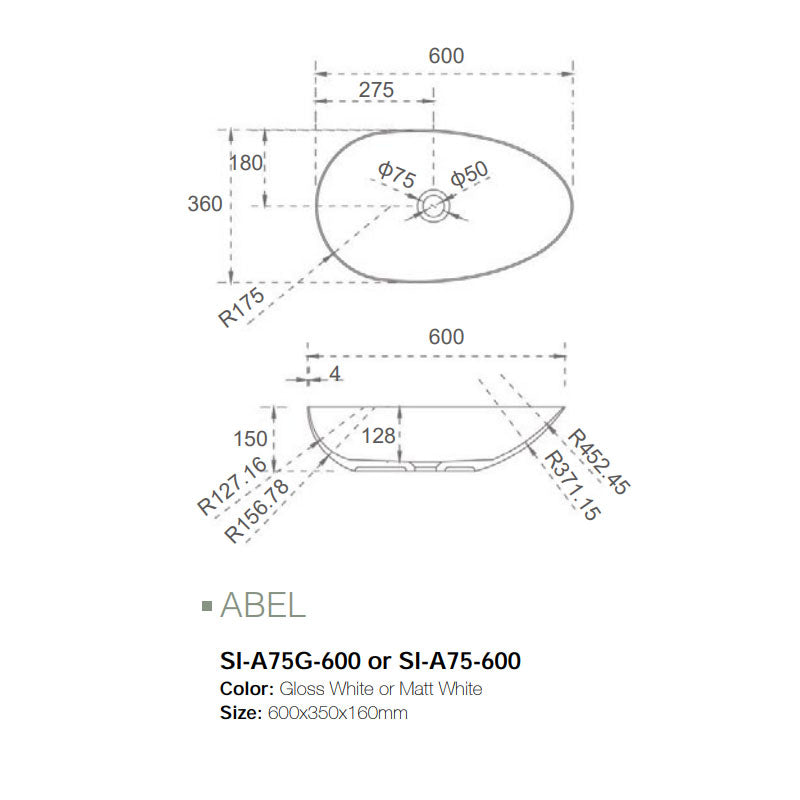 Solid Surface Basin Series Abel Above Counter Matt White 600x350x160mm
