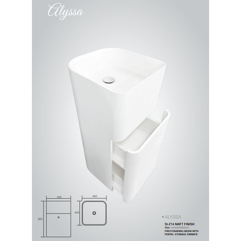 Solid Surface Basin Series Alyssa Freestanding With Portal Storage Drawer Matt White 400x400x900mm