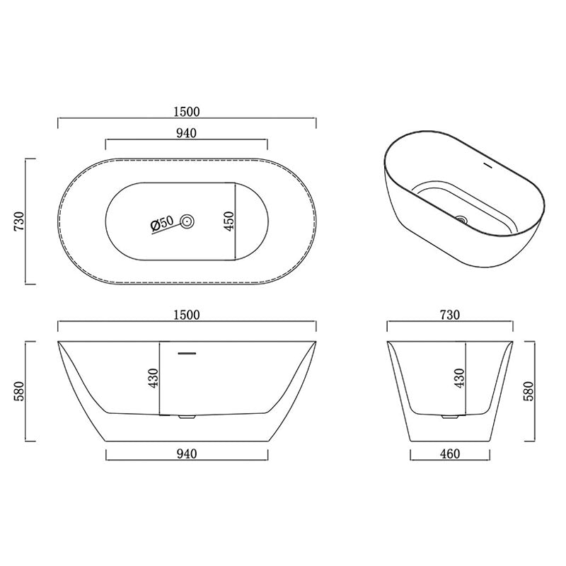 Amelia Bathtub Gloss White Overflow 1500x730x580mm
