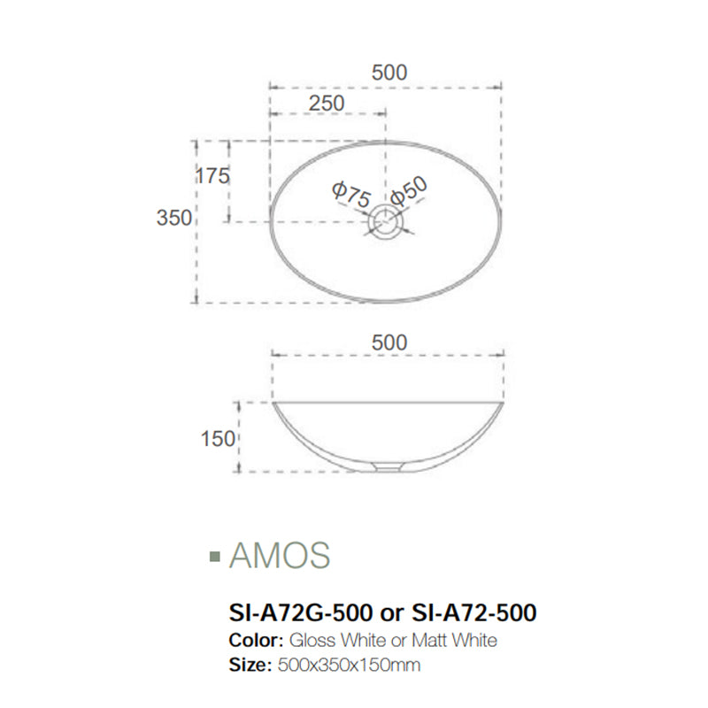 Solid Surface Basin Series Amos Above Counter Matt White 500x350x150mm