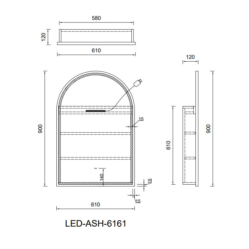 LED Arch Series Shaving Cabine Natural Timber 610x900x120mm