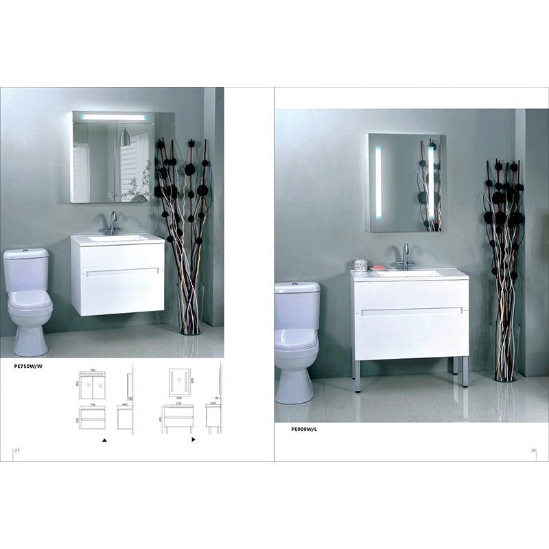 BELLA Wall Hung Vanity Ceramic Top 1 Tap Hole 2 Soft Closing Drawers White Gloss Finish 890x455x600mm