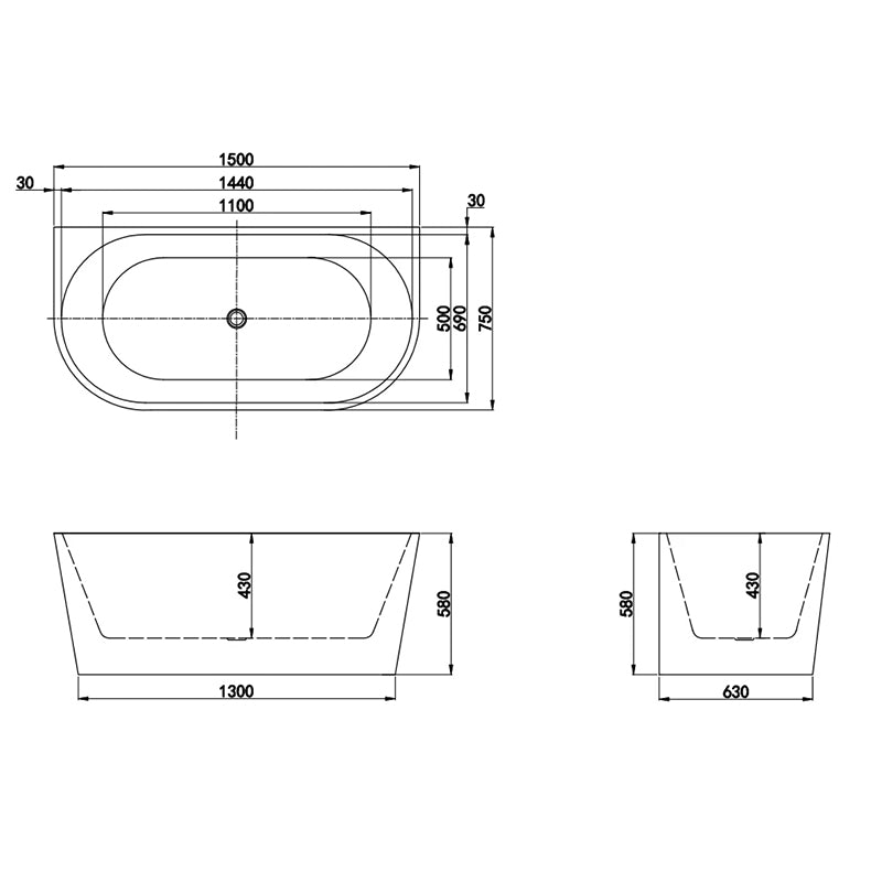 Jade Back To Wall Matt White Bathtub 1500x750x580mm