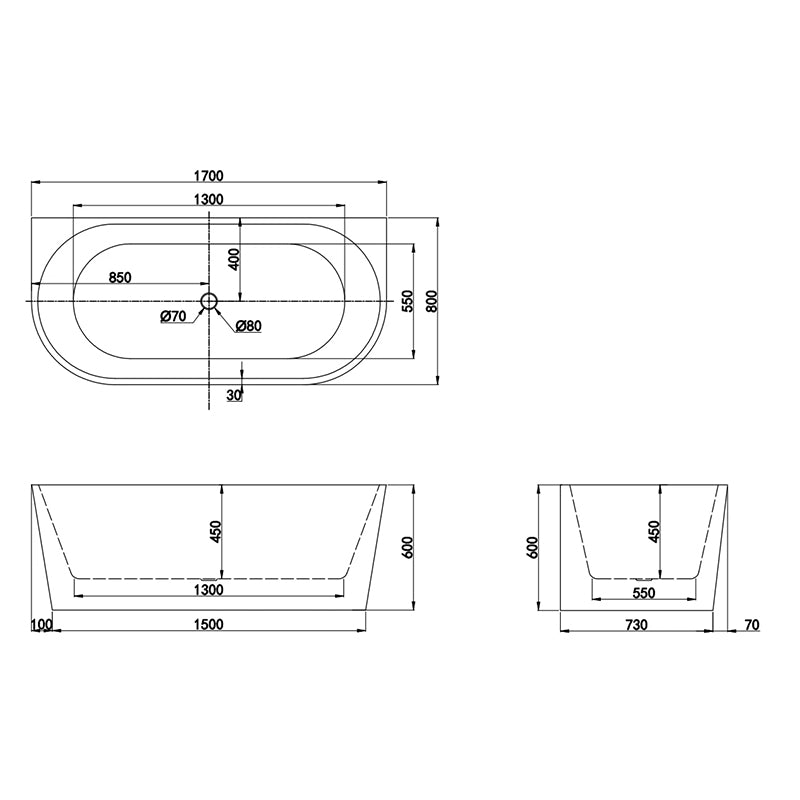 Jade Back To Wall Matt White Bathtub 1700x800x600mm