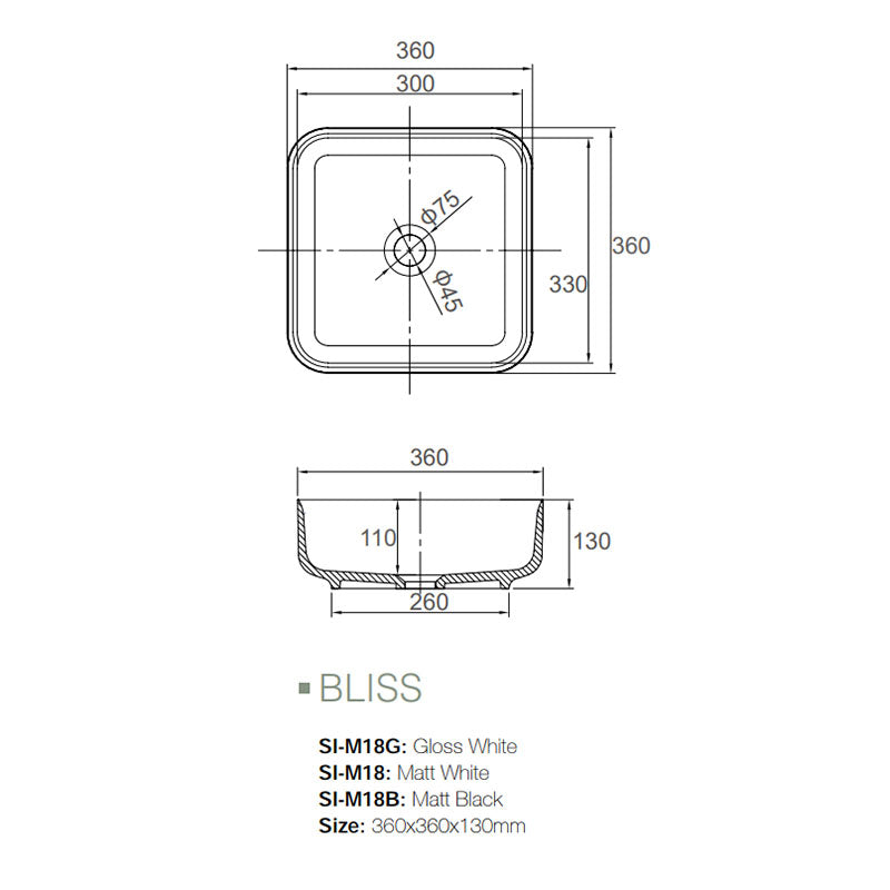 Solid Surface Basin Series Bliss Above Counter Matt Black 360x360x130mm