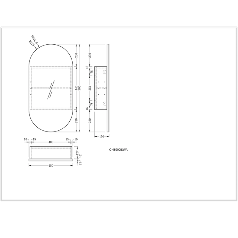 Carysil Noble Oval Shaving Cabinet Walnut 450x900mm
