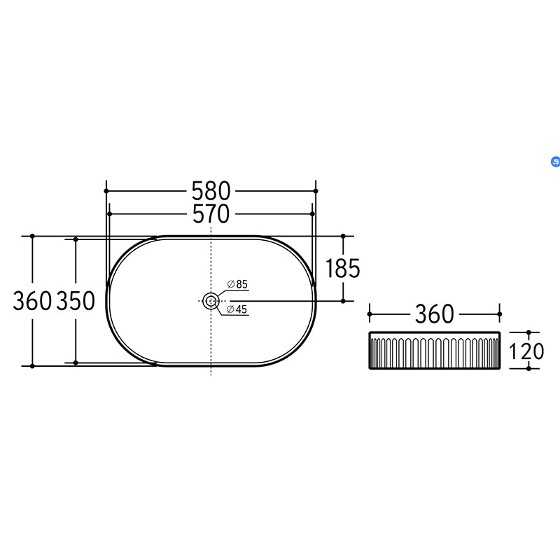 Bellevue Flute Oval Art Basin Gloss White 580x360x120mm