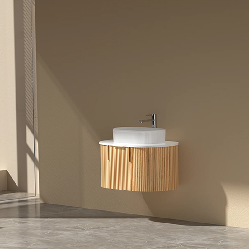 Carysil Fluted Wall Hung Vanity Walnut (Stone Top and Black Handle Included) 750mm