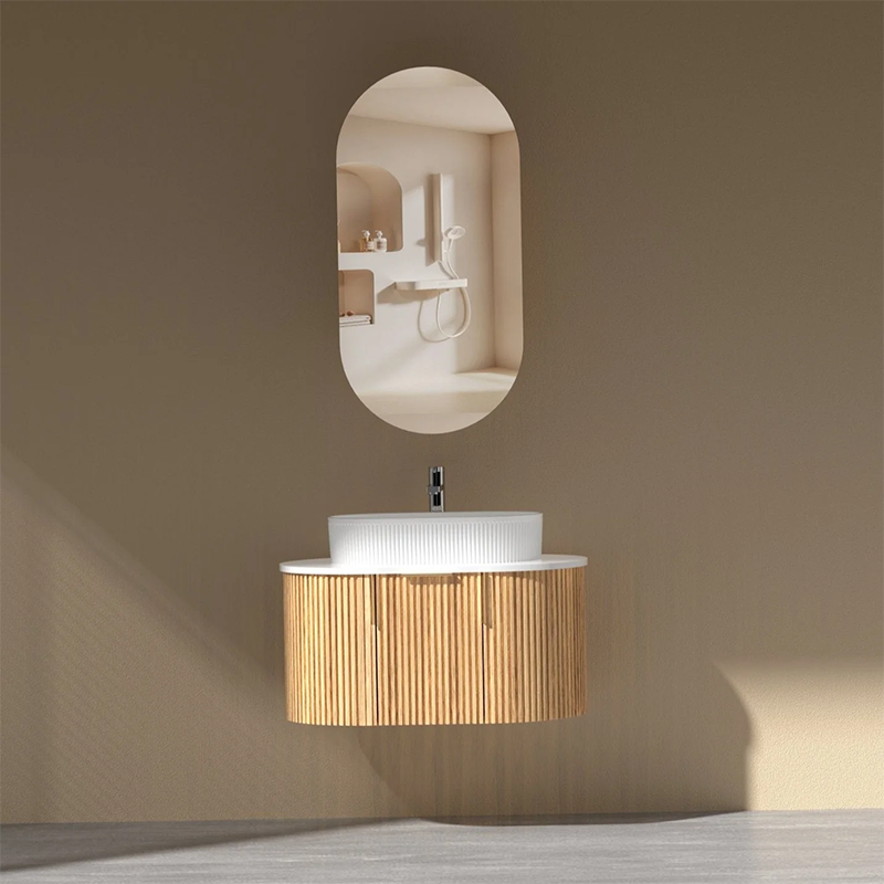 Carysil Fluted Wall Hung Vanity Walnut (Stone Top and Black Handle Included) 750mm