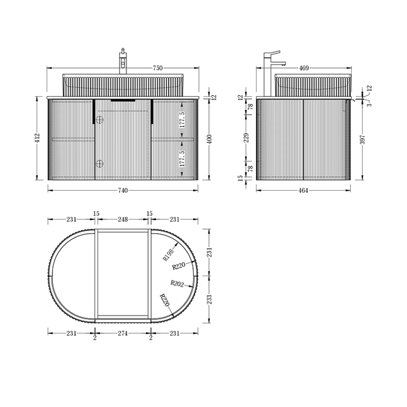 Carysil Fluted Wall Hung Vanity Walnut (Stone Top and Black Handle Included) 750mm