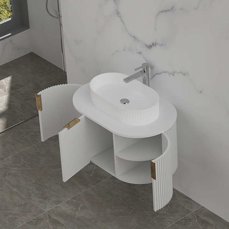 Carysil Fluted Wall Hung Vanity Matte White (Stone Top and Black Handle Included) 750mm